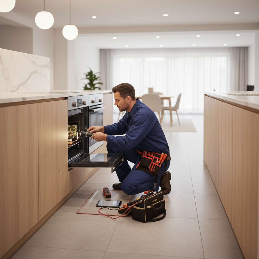 Technician repairing a built-in oven